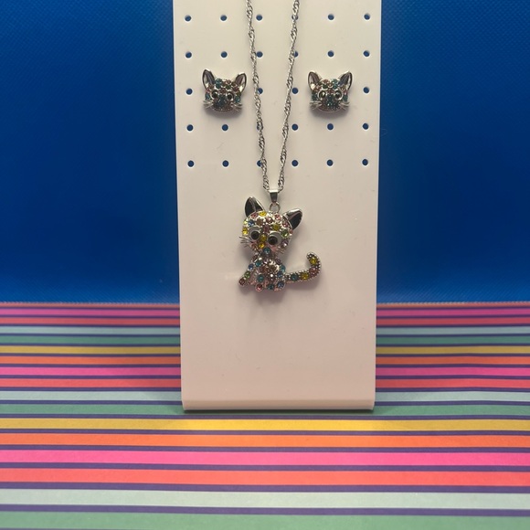 NWOT - Multi-Colored Rhinestone Kitty Necklace AND Earrings!!!! - Picture 3 of 8